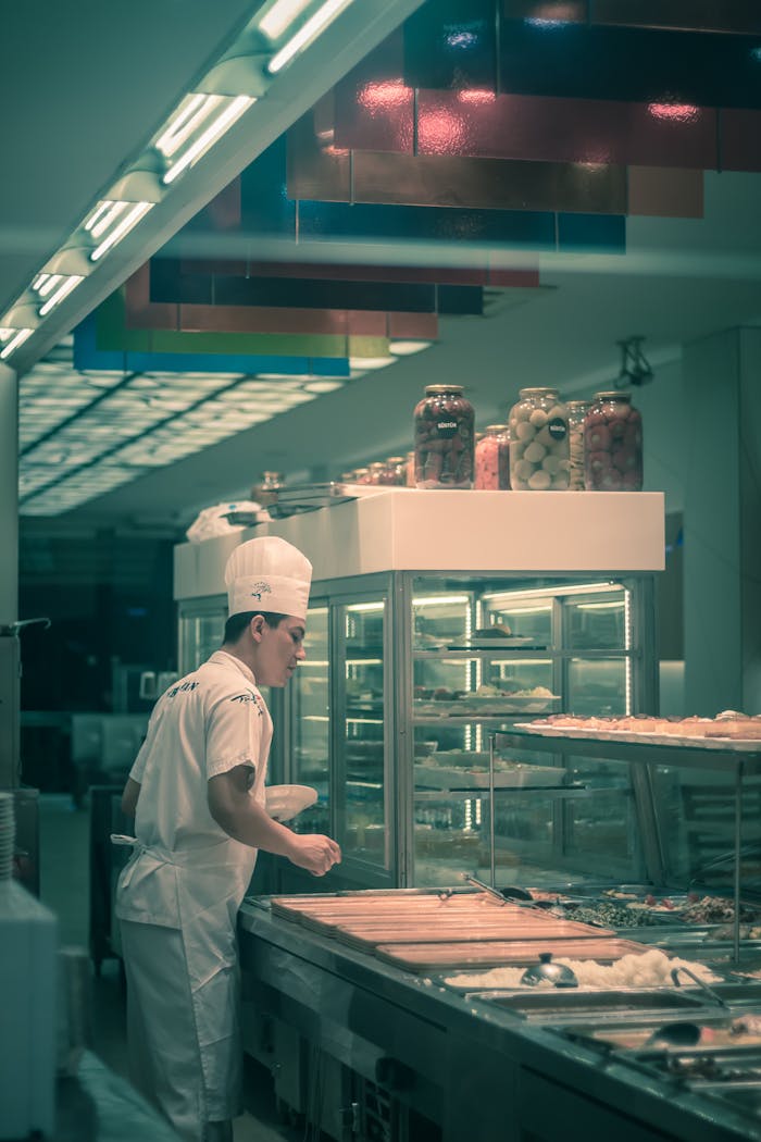 Chef in uniform prepares meals in a contemporary cafeteria with illuminated lighting.